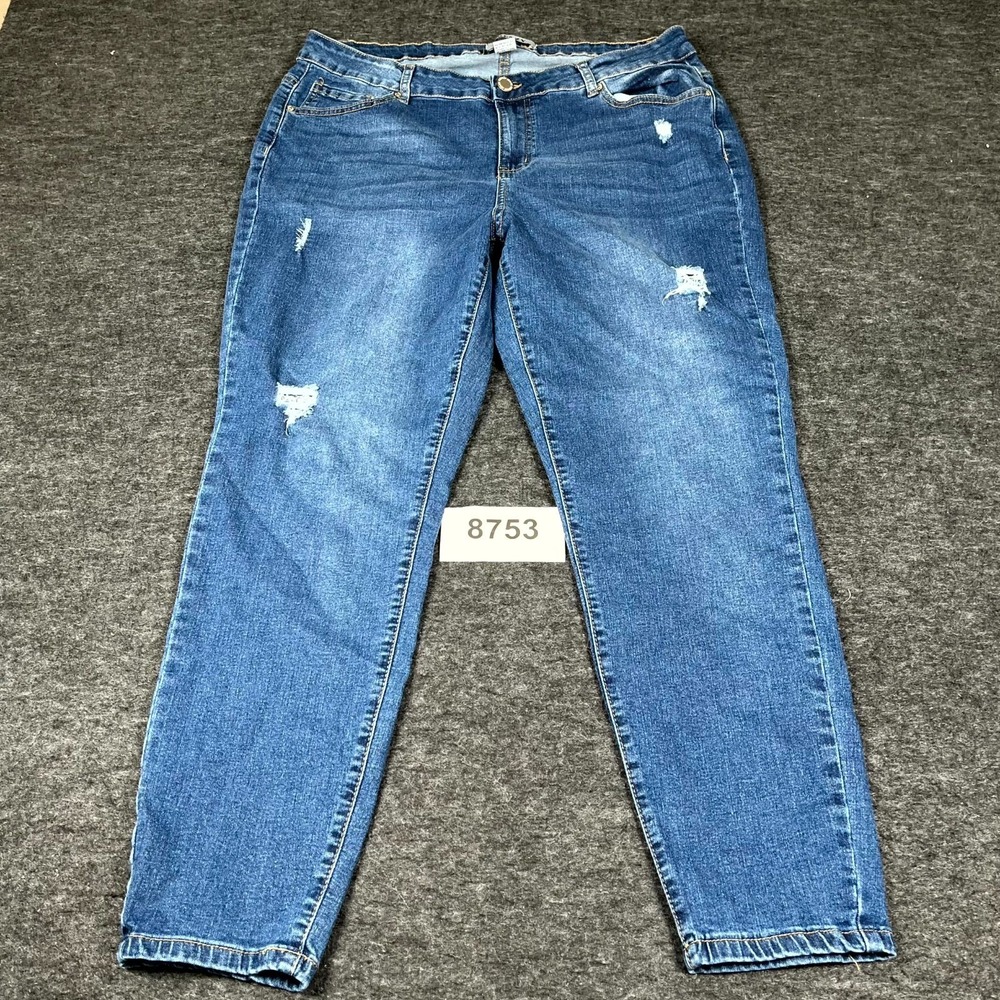 Frenzy Jeans Womens 18W Blue Denim Cotton Medium Wash Tapered Leg Distressed